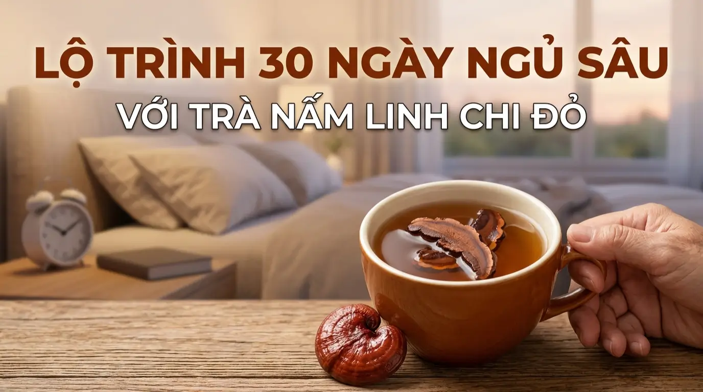 lộ trình 30 ngày ngủ sâu với tách trà nấm linh chi đỏ thái lát và khung cảnh phòng ngủ thư giãn